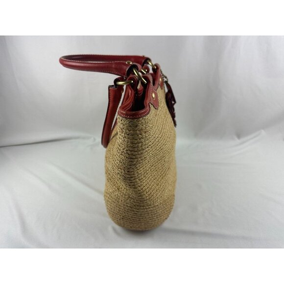 COACH Bleecker NATURAL STRAW VERMILLION RED LG LEATHER FLORAL Tote Bag 2008 EUC - Picture 5 of 12